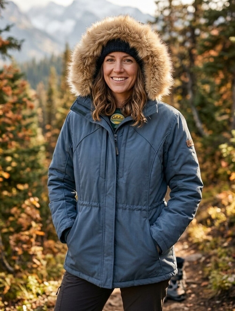 CABELAS Women's Insulated Hooded Parka Blue Jacket with Faux-Fur Trim